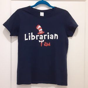 Dr. Seuss-inspired "Librarian I am" navy blue  t-shirt (M)